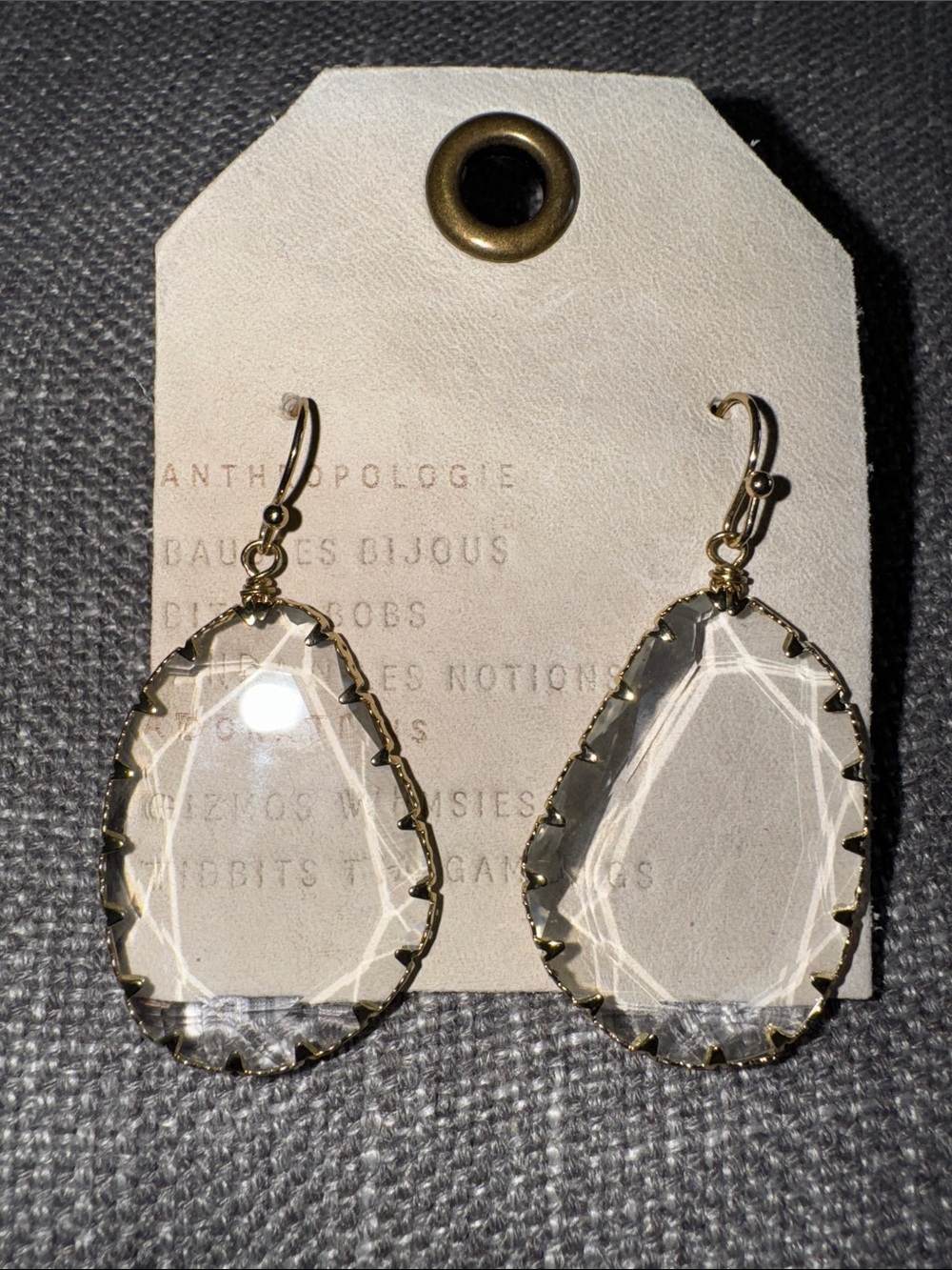Anthropologie Clear Teardrop Earrings with Gold Trim